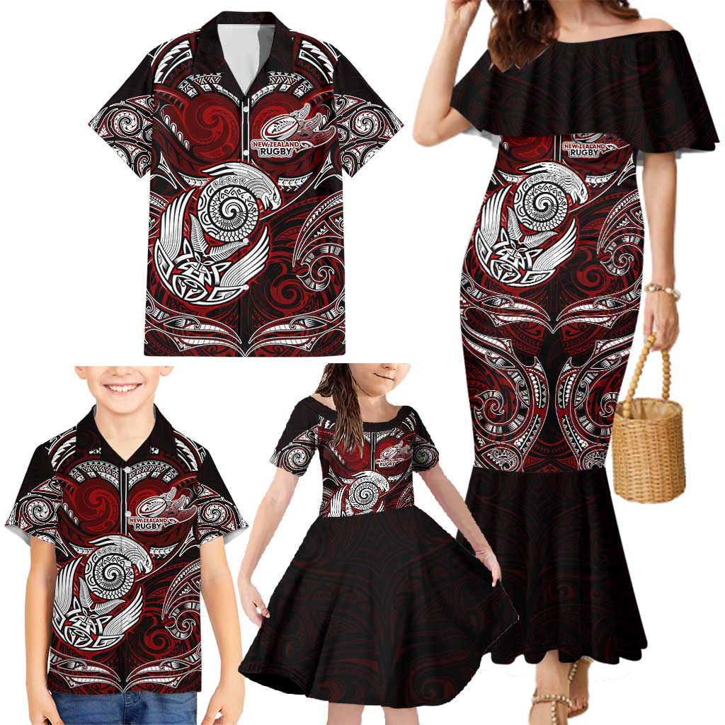 Personalized New Zealand Aotearoa Rugby Family Matching Mermaid Dress and Hawaiian Shirt Maori Fern Tattoo Art