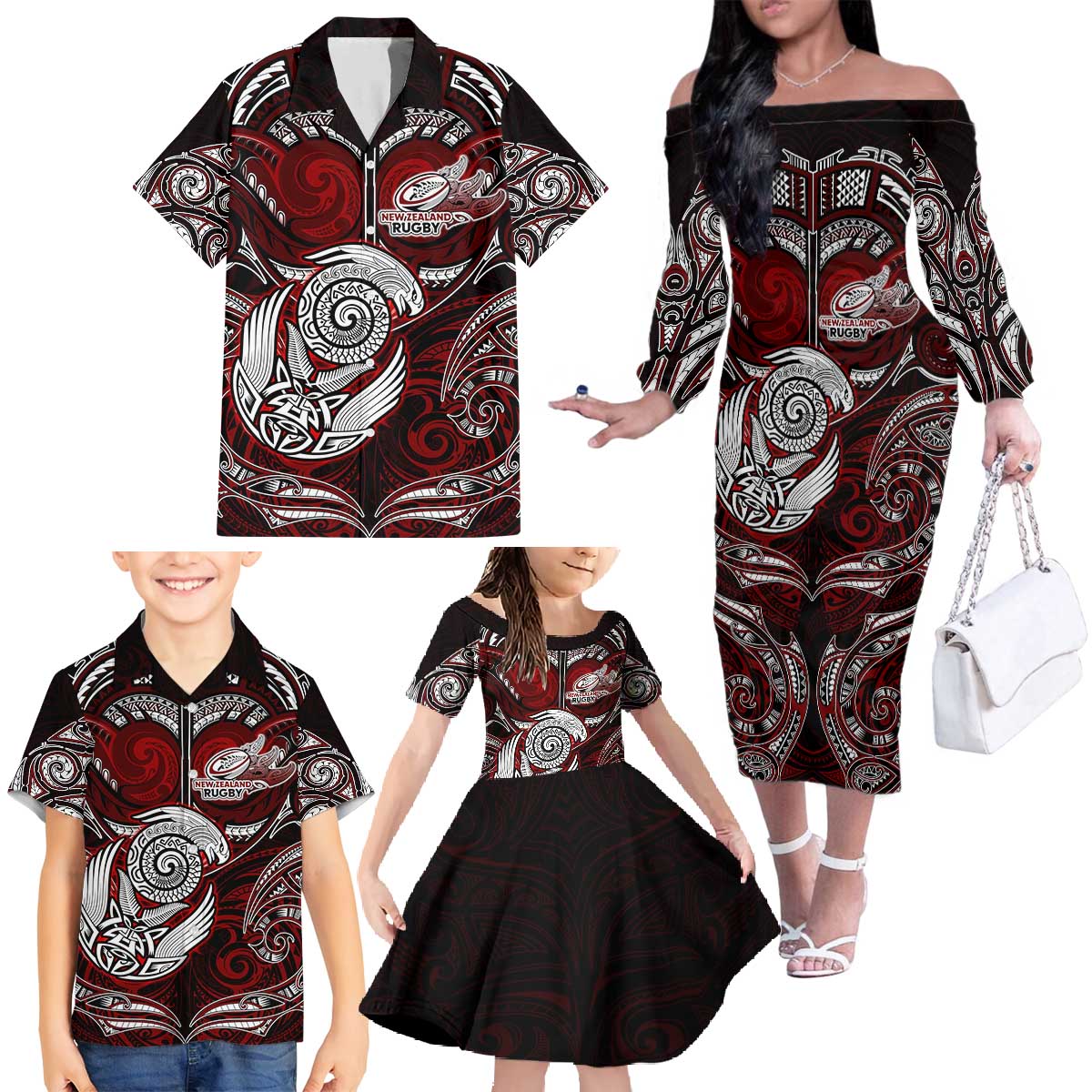 Personalized New Zealand Aotearoa Rugby Family Matching Off The Shoulder Long Sleeve Dress and Hawaiian Shirt Maori Fern Tattoo Art