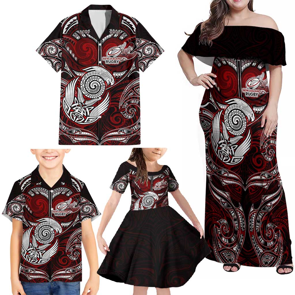 Personalized New Zealand Aotearoa Rugby Family Matching Off Shoulder Maxi Dress and Hawaiian Shirt Maori Fern Tattoo Art