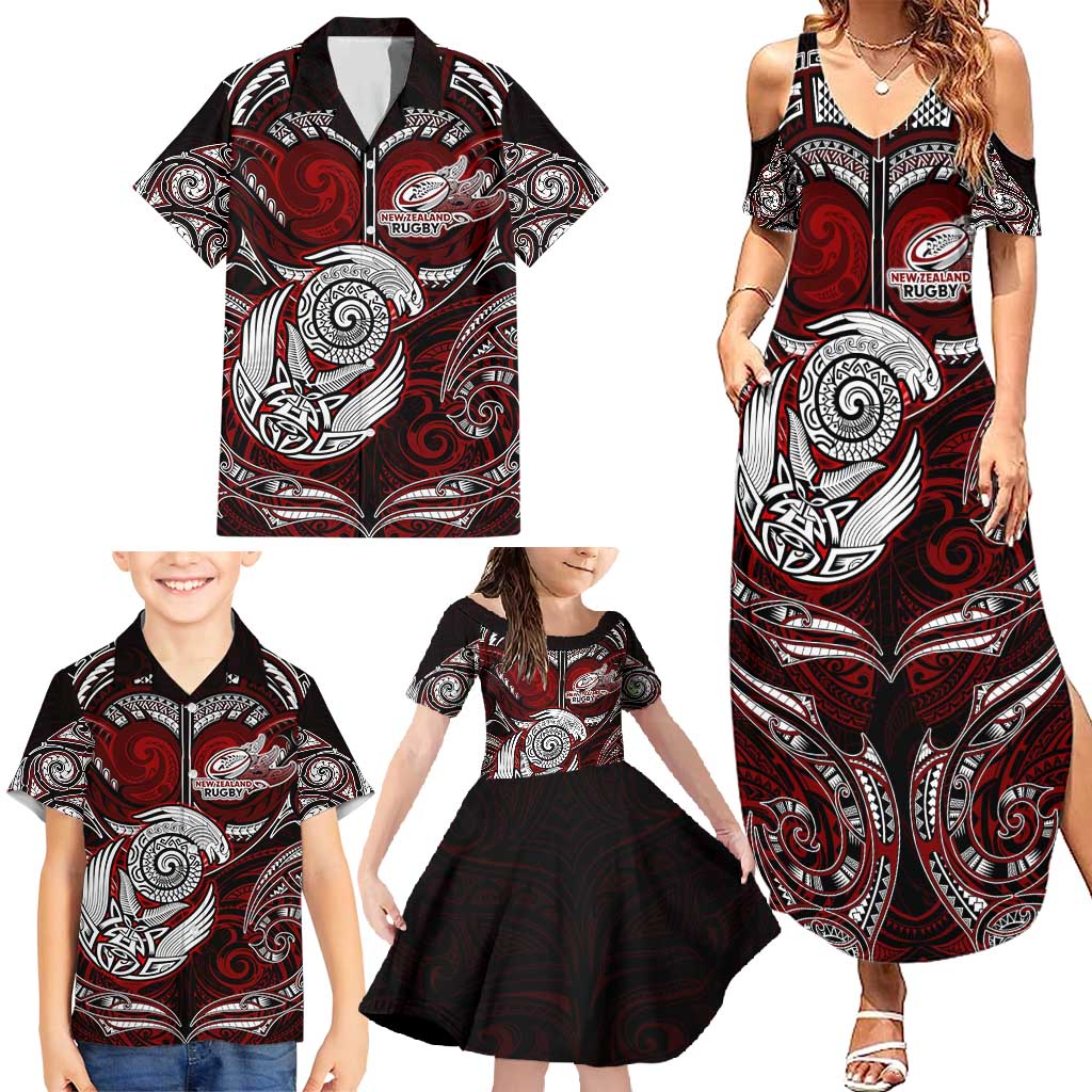 Personalized New Zealand Aotearoa Rugby Family Matching Summer Maxi Dress and Hawaiian Shirt Maori Fern Tattoo Art