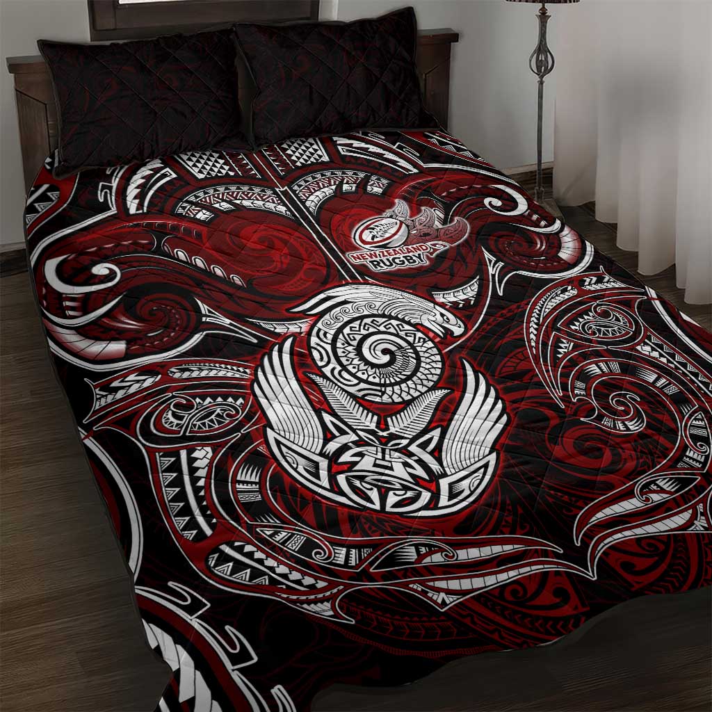 New Zealand Aotearoa Rugby Quilt Bed Set Maori Fern Tattoo Art DT02 Red - Polynesian Pride