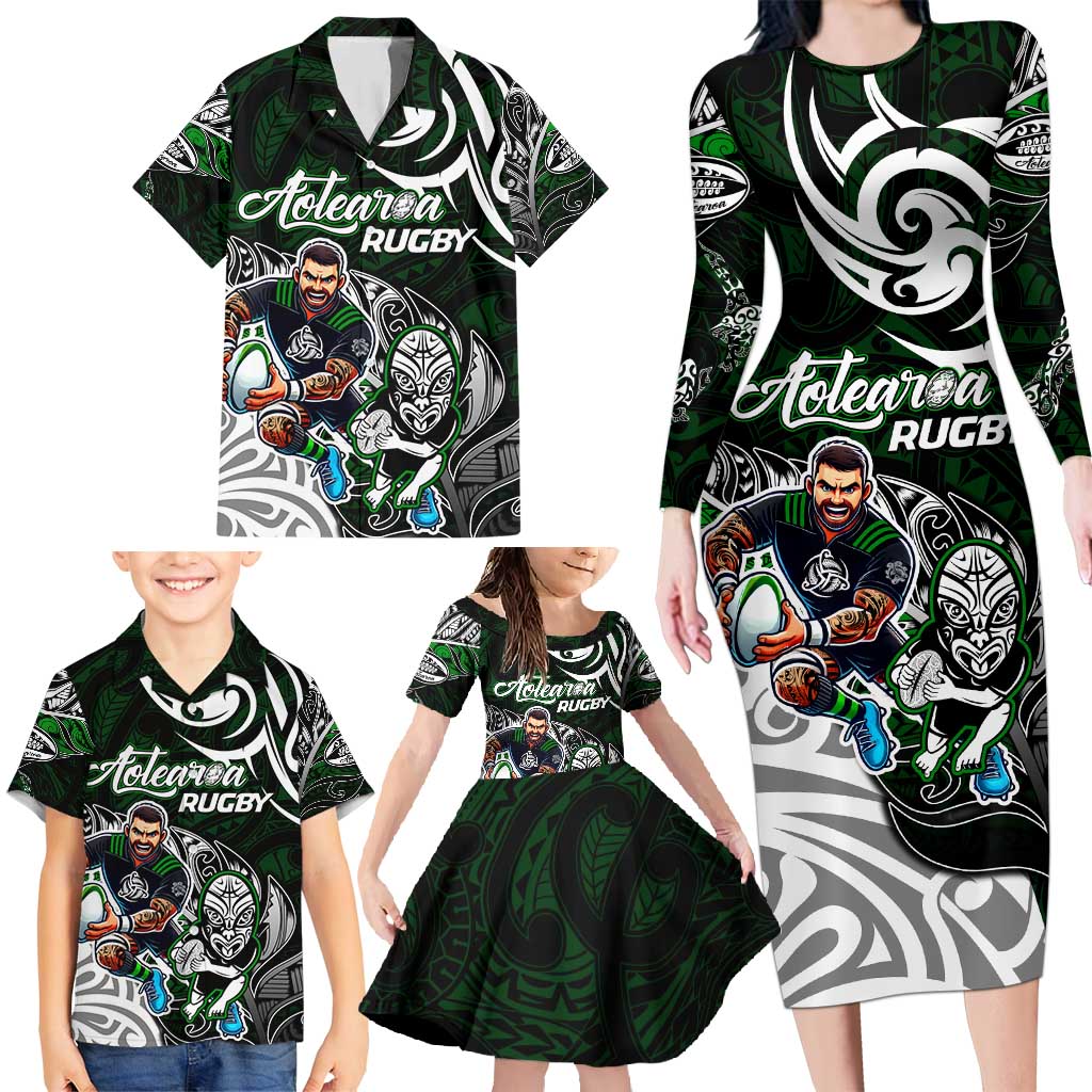 Personalized NZ Aotearoa Rugby Family Matching Long Sleeve Bodycon Dress and Hawaiian Shirt New Zealand Silver Fern