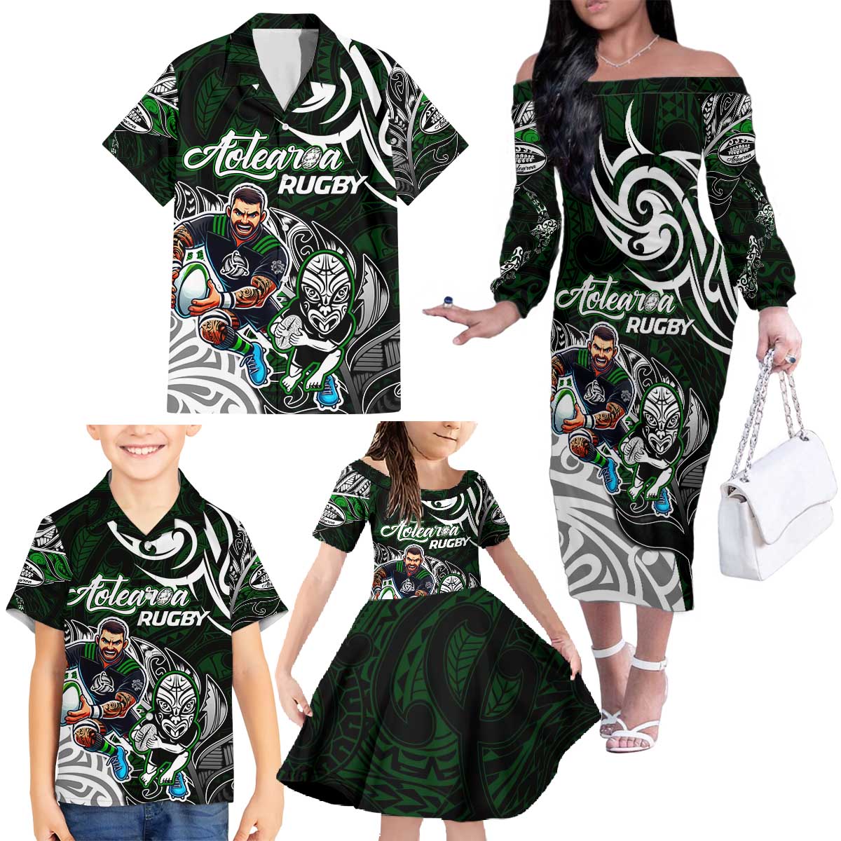 Personalized NZ Aotearoa Rugby Family Matching Off The Shoulder Long Sleeve Dress and Hawaiian Shirt New Zealand Silver Fern