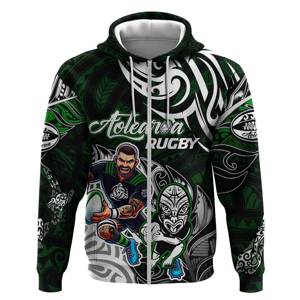 Personalized NZ Aotearoa Rugby Hoodie New Zealand Silver Fern DT02 Zip Hoodie Green - Polynesian Pride