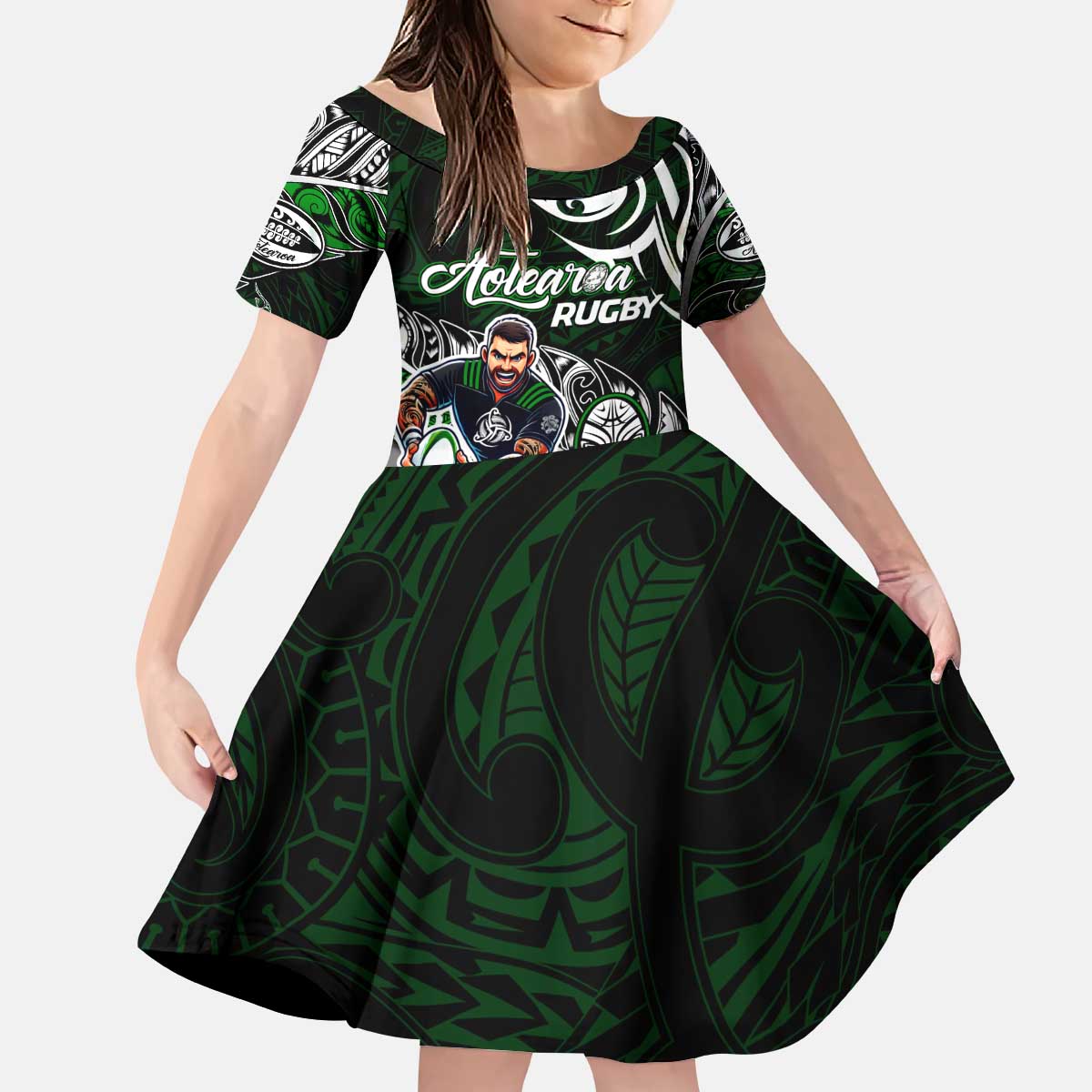 Personalized NZ Aotearoa Rugby Kid Short Sleeve Dress New Zealand Silver Fern DT02 KID Green - Polynesian Pride