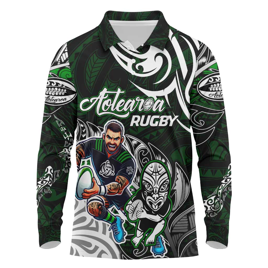 Personalized NZ Aotearoa Rugby Long Sleeve Polo Shirt New Zealand Silver Fern DT02 Green - Polynesian Pride