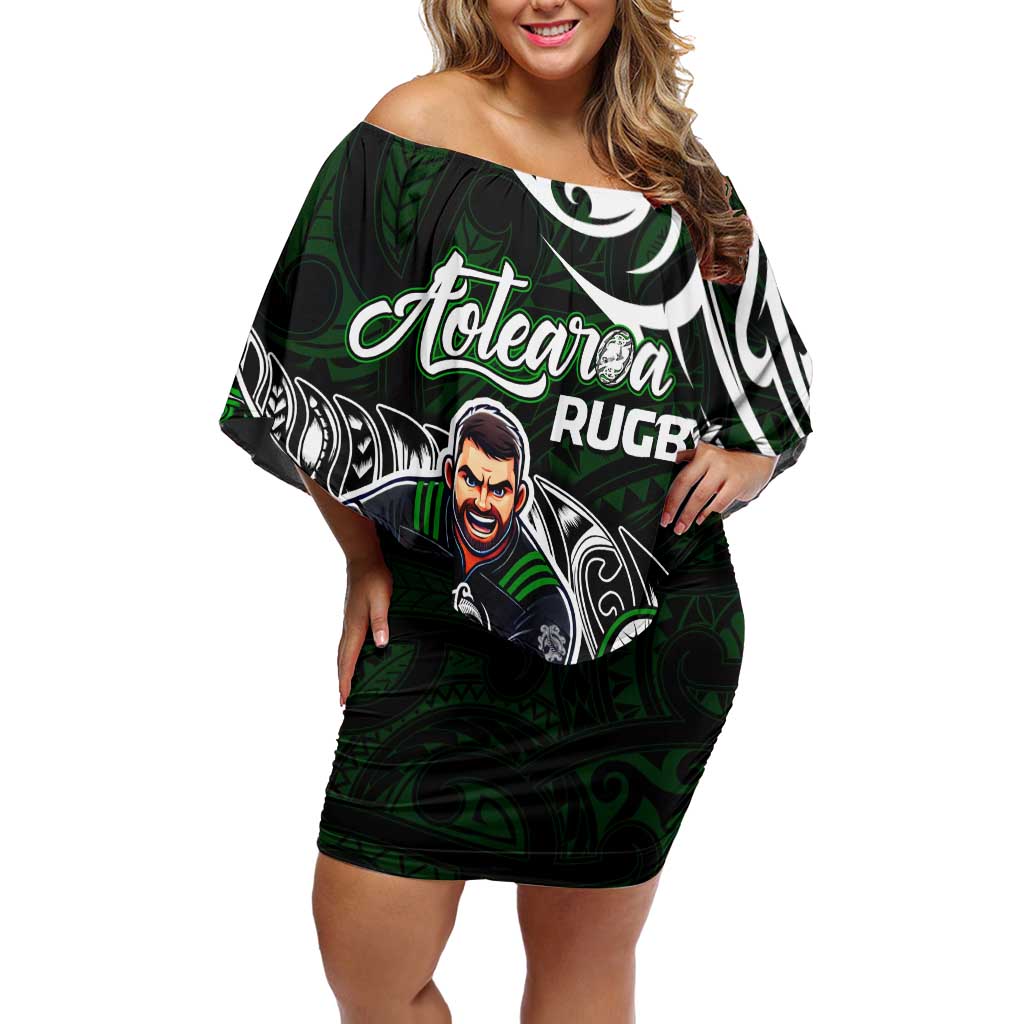 Personalized NZ Aotearoa Rugby Off Shoulder Short Dress New Zealand Silver Fern DT02 Women Green - Polynesian Pride