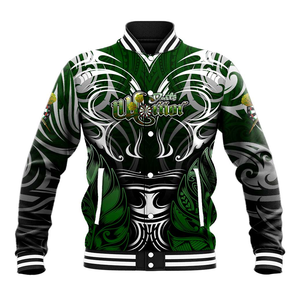 Personalised Warriors Maori Darts Baseball Jacket New Zealand Darts Silver Fern DT02 Unisex Green - Polynesian Pride