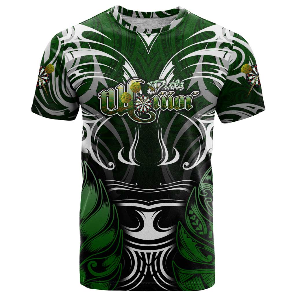 Personalised Warriors Maori Darts T Shirt New Zealand Darts Silver Fern DT02 Green - Polynesian Pride