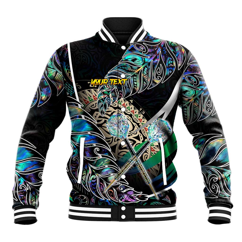 Personalised New Zealand Darts Baseball Jacket NZ Paua Shell Maori Fern DT02 Unisex Black - Polynesian Pride