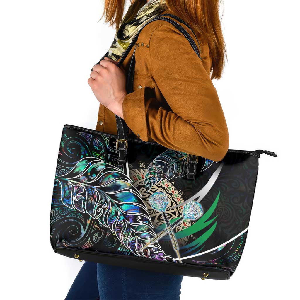 New Zealand Darts Leather Tote Bag NZ Paua Shell Maori Fern DT02 Black - Polynesian Pride