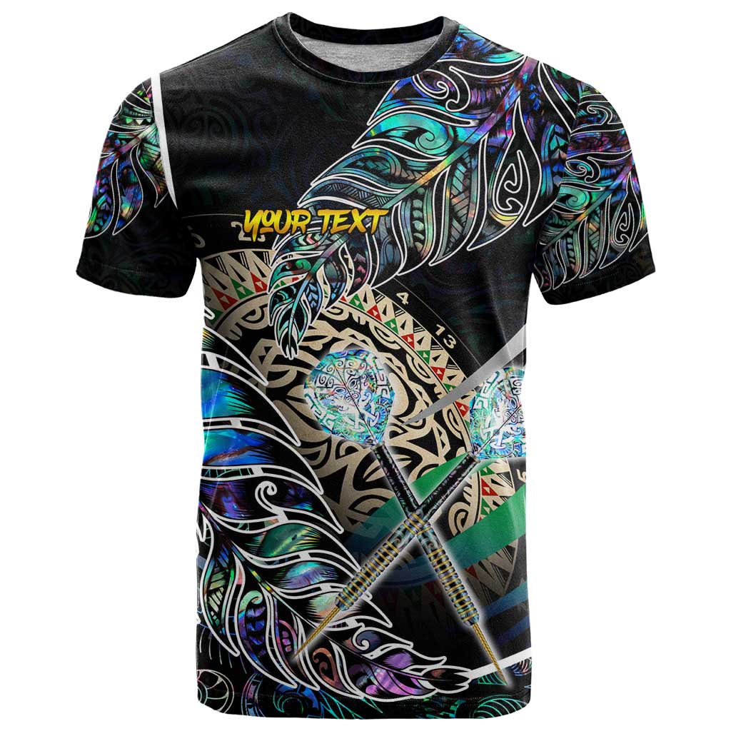 Personalised New Zealand Darts T Shirt NZ Paua Shell Maori Fern DT02 Black - Polynesian Pride