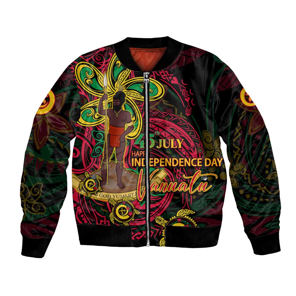 Custom Vanuatu 45th Independence Anniversary Bomber Jacket Flower Melanesian Namele Turtle DT02 Unisex Black - Polynesian Pride