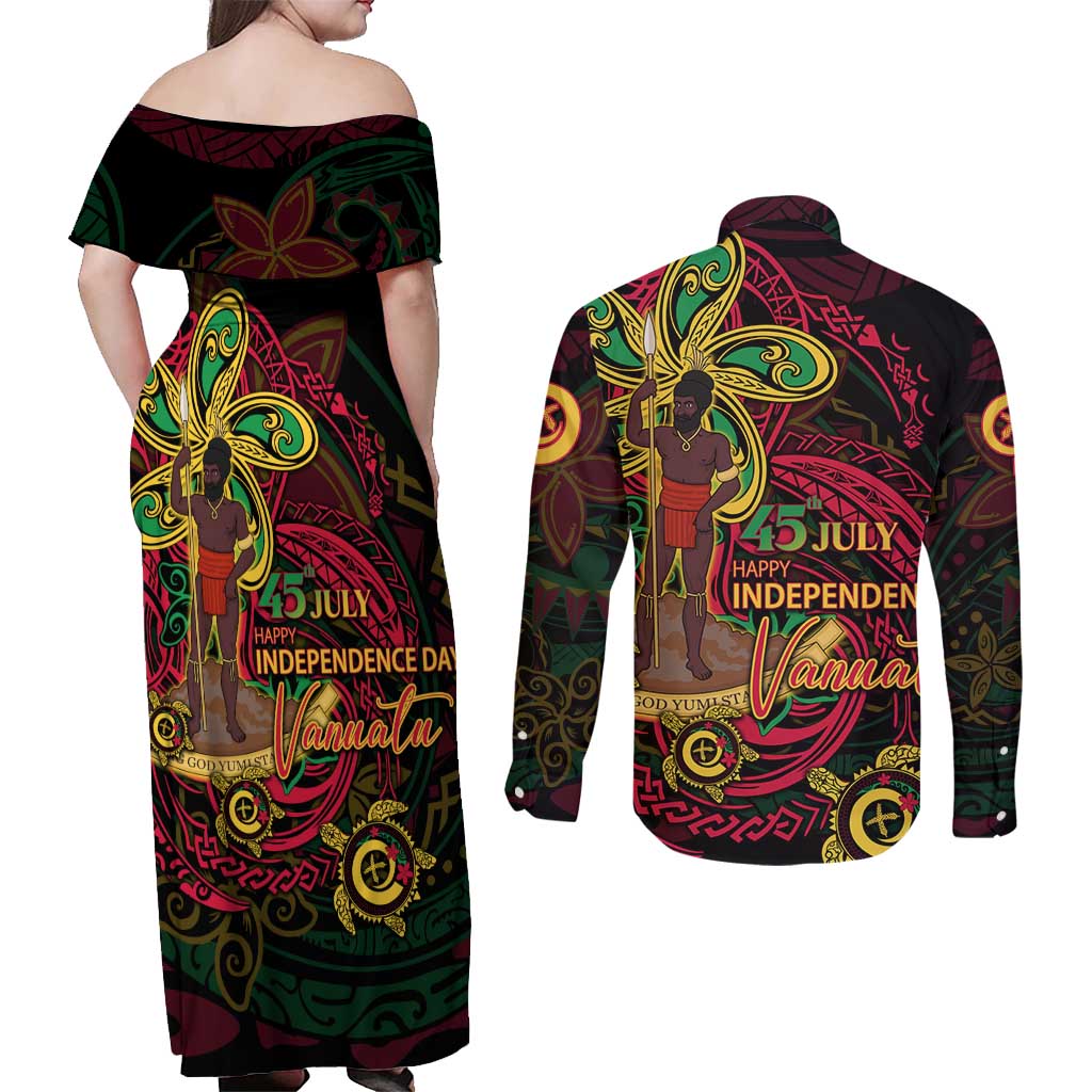 Custom Vanuatu 45th Independence Anniversary Couples Matching Off Shoulder Maxi Dress and Long Sleeve Button Shirt Flower Melanesian Namele Turtle DT02 - Polynesian Pride