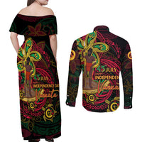 Custom Vanuatu 45th Independence Anniversary Couples Matching Off Shoulder Maxi Dress and Long Sleeve Button Shirt Flower Melanesian Namele Turtle DT02 - Polynesian Pride