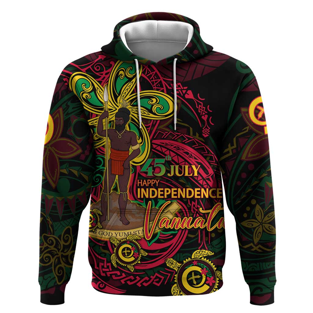 Custom Vanuatu 45th Independence Anniversary Hoodie Flower Melanesian Namele Turtle DT02 Pullover Hoodie Black - Polynesian Pride
