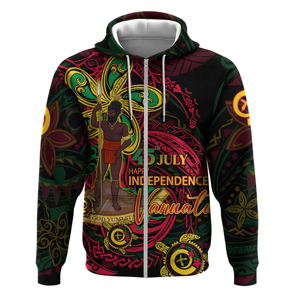 Custom Vanuatu 45th Independence Anniversary Hoodie Flower Melanesian Namele Turtle DT02 Zip Hoodie Black - Polynesian Pride