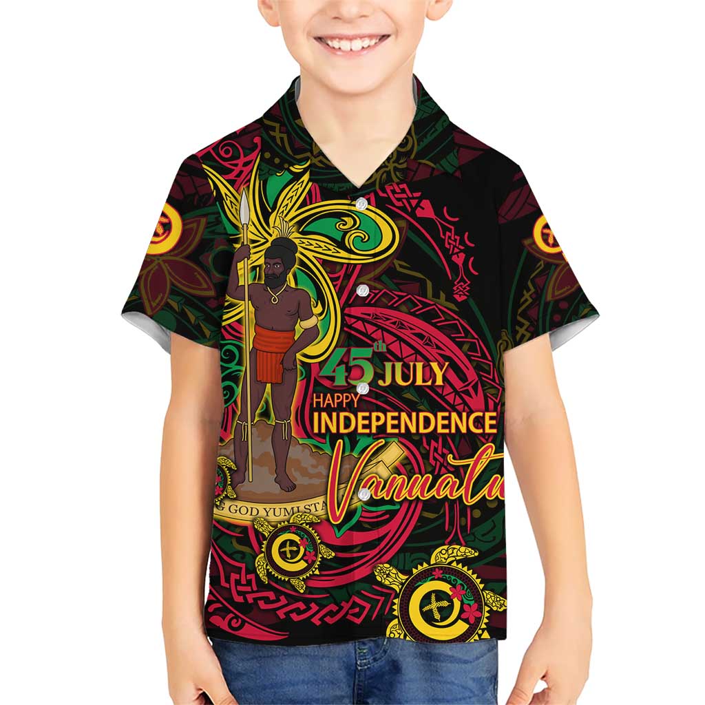 Custom Vanuatu 45th Independence Anniversary Kid Hawaiian Shirt Flower Melanesian Namele Turtle DT02 Kid Black - Polynesian Pride
