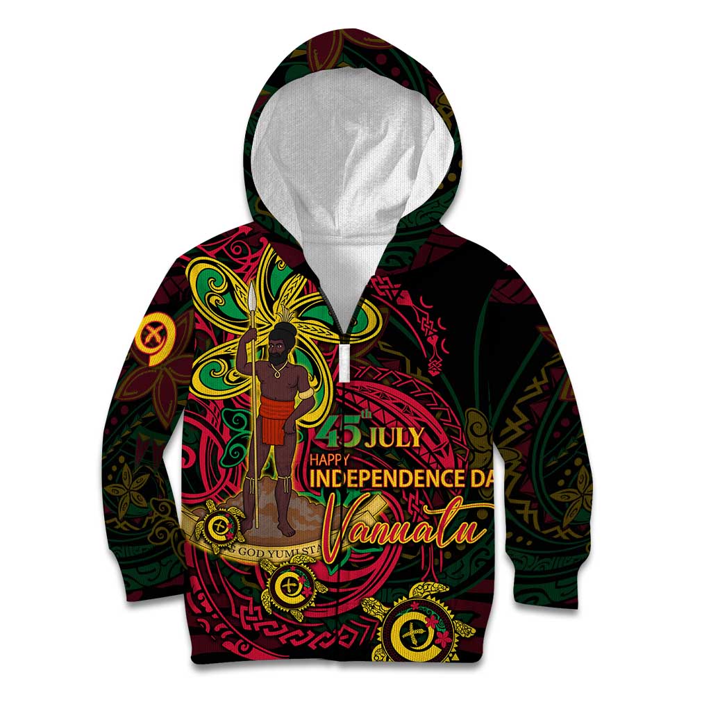Custom Vanuatu 45th Independence Anniversary Kid Hoodie Flower Melanesian Namele Turtle DT02 Zip Hoodie Black - Polynesian Pride
