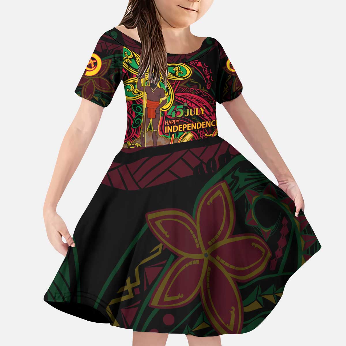 Custom Vanuatu 45th Independence Anniversary Kid Short Sleeve Dress Flower Melanesian Namele Turtle DT02 KID Black - Polynesian Pride