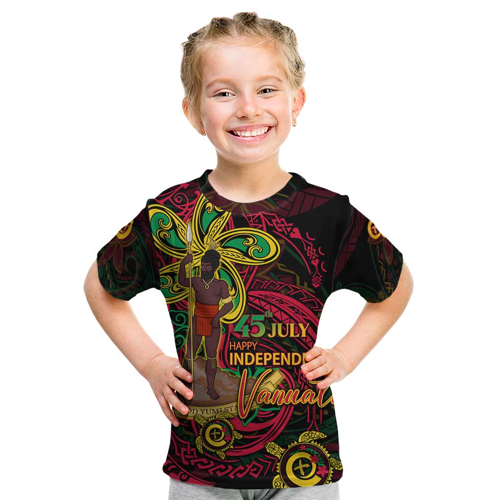 Custom Vanuatu 45th Independence Anniversary Kid T Shirt Flower Melanesian Namele Turtle DT02 Black - Polynesian Pride