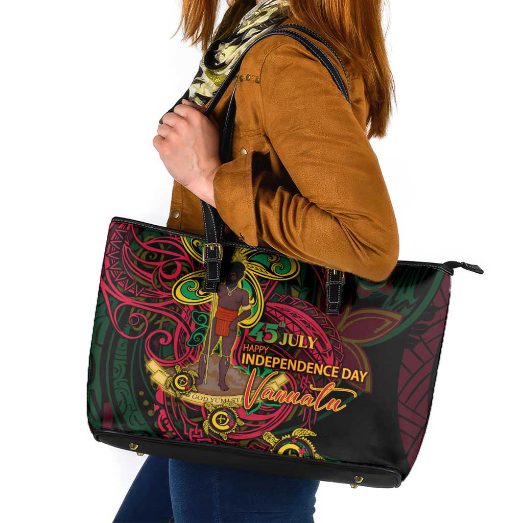 Vanuatu 45th Independence Anniversary Leather Tote Bag Flower Melanesian Namele Turtle DT02 Black - Polynesian Pride
