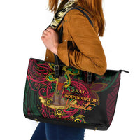 Vanuatu 45th Independence Anniversary Leather Tote Bag Flower Melanesian Namele Turtle DT02 Black - Polynesian Pride
