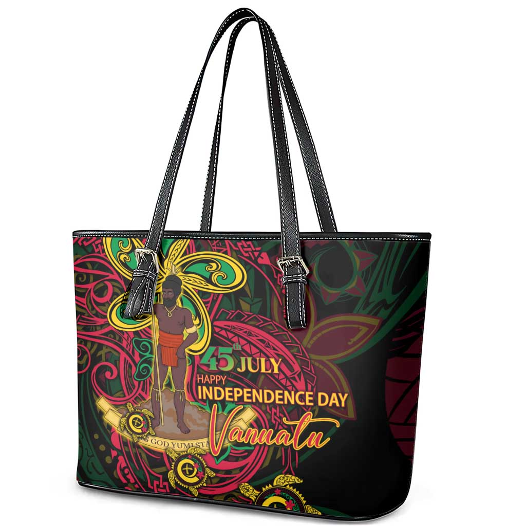 Vanuatu 45th Independence Anniversary Leather Tote Bag Flower Melanesian Namele Turtle DT02 - Polynesian Pride
