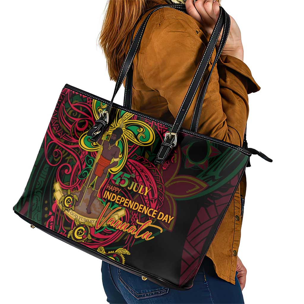 Vanuatu 45th Independence Anniversary Leather Tote Bag Flower Melanesian Namele Turtle DT02 - Polynesian Pride
