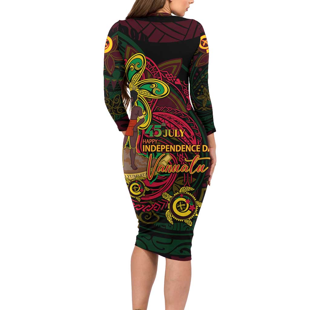 Custom Vanuatu 45th Independence Anniversary Long Sleeve Bodycon Dress Flower Melanesian Namele Turtle DT02 - Polynesian Pride
