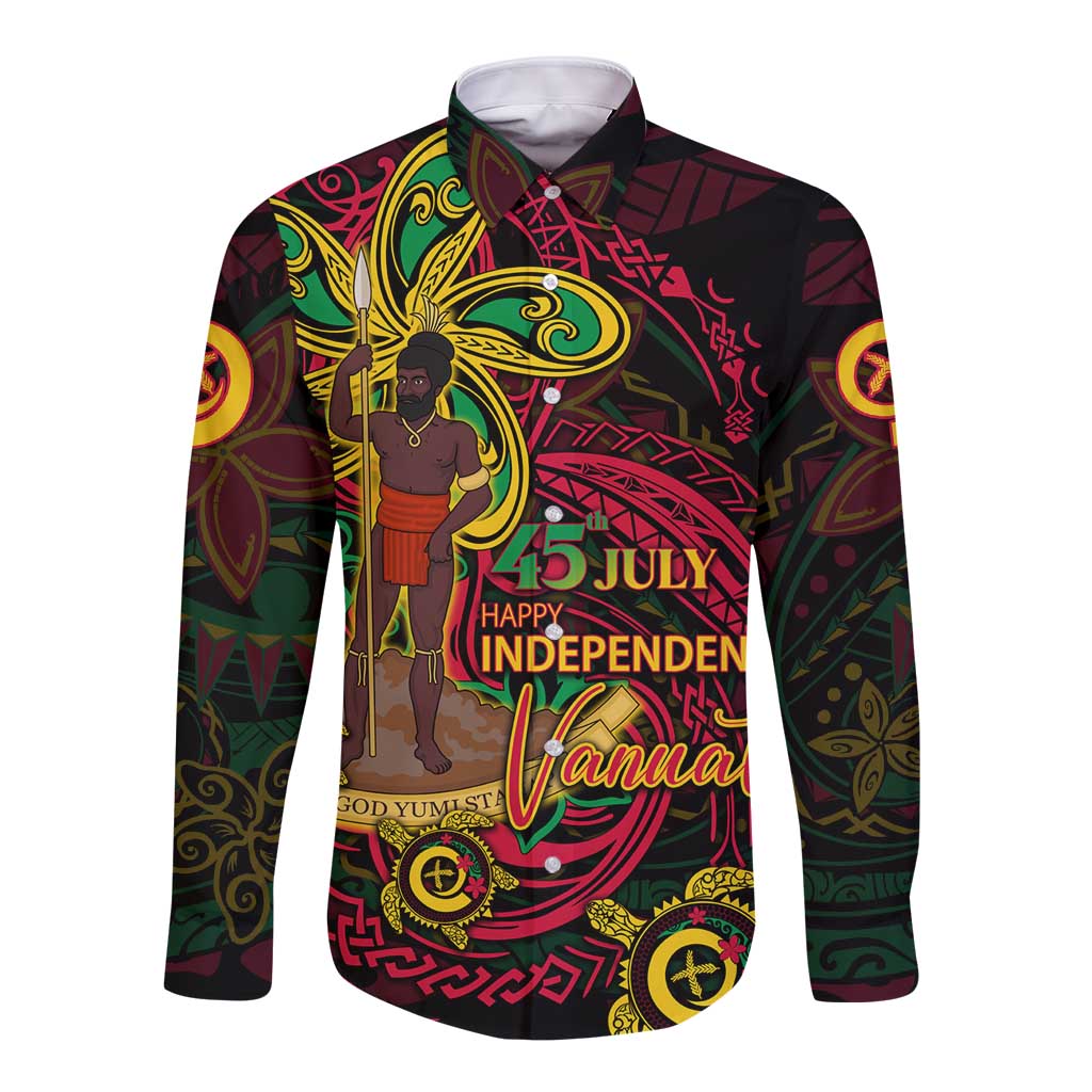 Custom Vanuatu 45th Independence Anniversary Long Sleeve Button Shirt Flower Melanesian Namele Turtle DT02 Unisex Black - Polynesian Pride