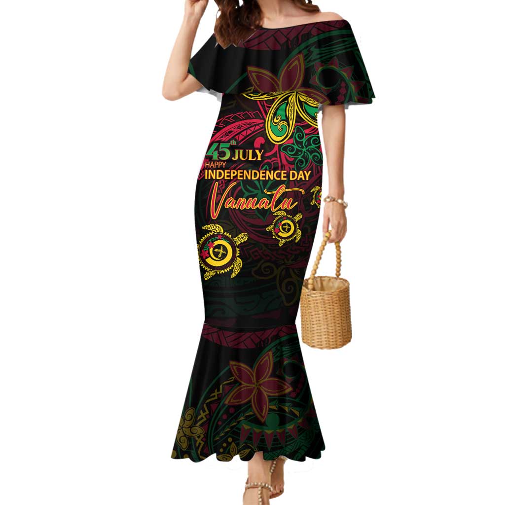 Custom Vanuatu 45th Independence Anniversary Mermaid Dress Flower Melanesian Namele Turtle DT02 Women Black - Polynesian Pride