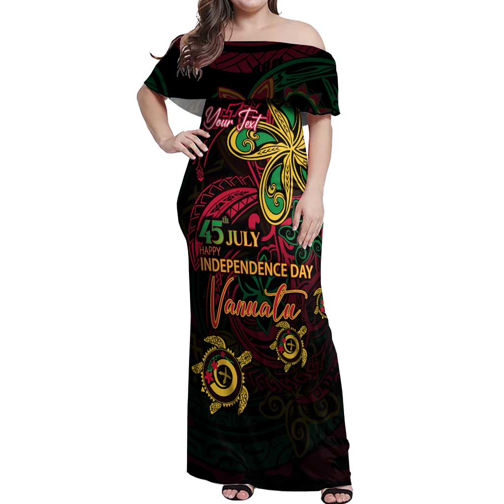 Custom Vanuatu 45th Independence Anniversary Off Shoulder Maxi Dress Flower Melanesian Namele Turtle DT02 Women Black - Polynesian Pride