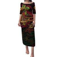 Custom Vanuatu 45th Independence Anniversary Puletasi Flower Melanesian Namele Turtle DT02 Long Dress Black - Polynesian Pride