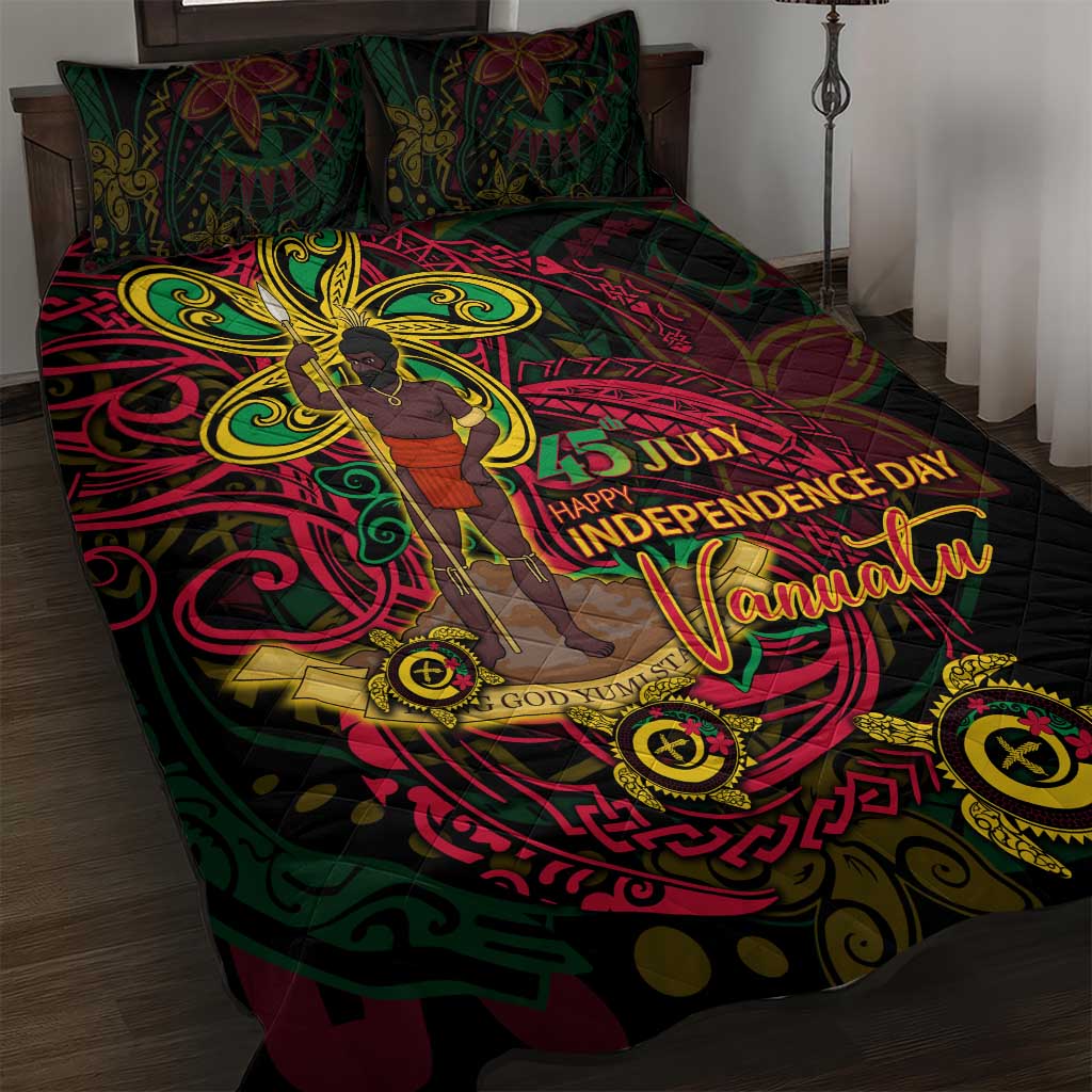 Vanuatu 45th Independence Anniversary Quilt Bed Set Flower Melanesian Namele Turtle DT02 Black - Polynesian Pride