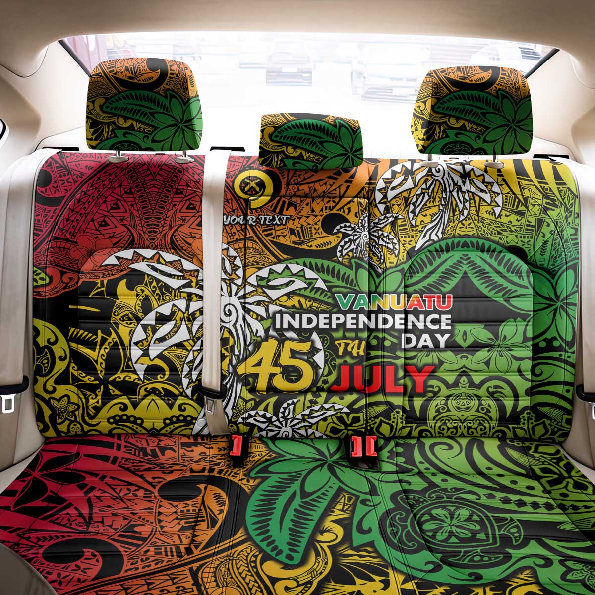 Personalized Vanuatu 45th Independence Anniversary Back Car Seat Cover Melanesian Pattern Reggae DT02 - Polynesian Pride