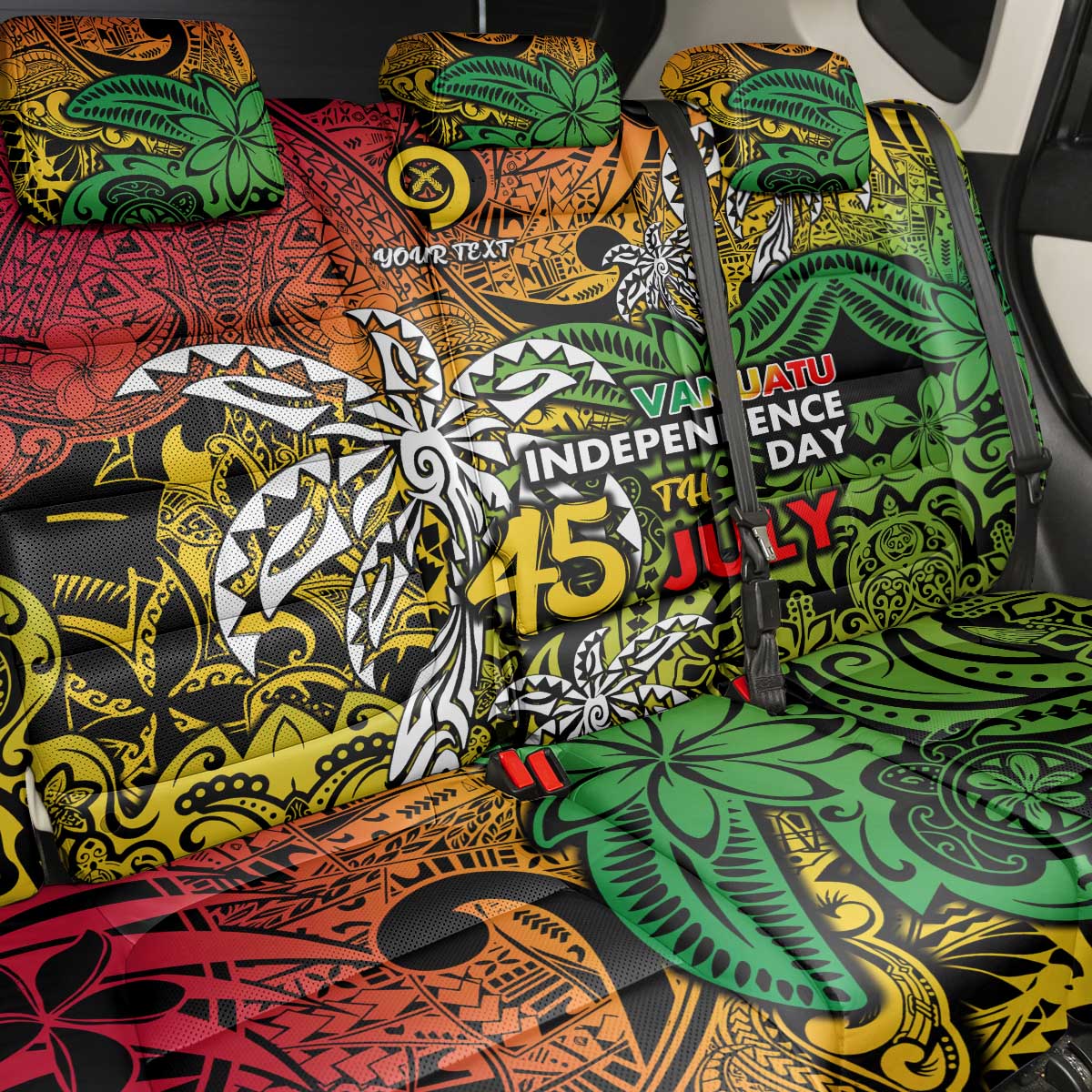 Personalized Vanuatu 45th Independence Anniversary Back Car Seat Cover Melanesian Pattern Reggae DT02 - Polynesian Pride