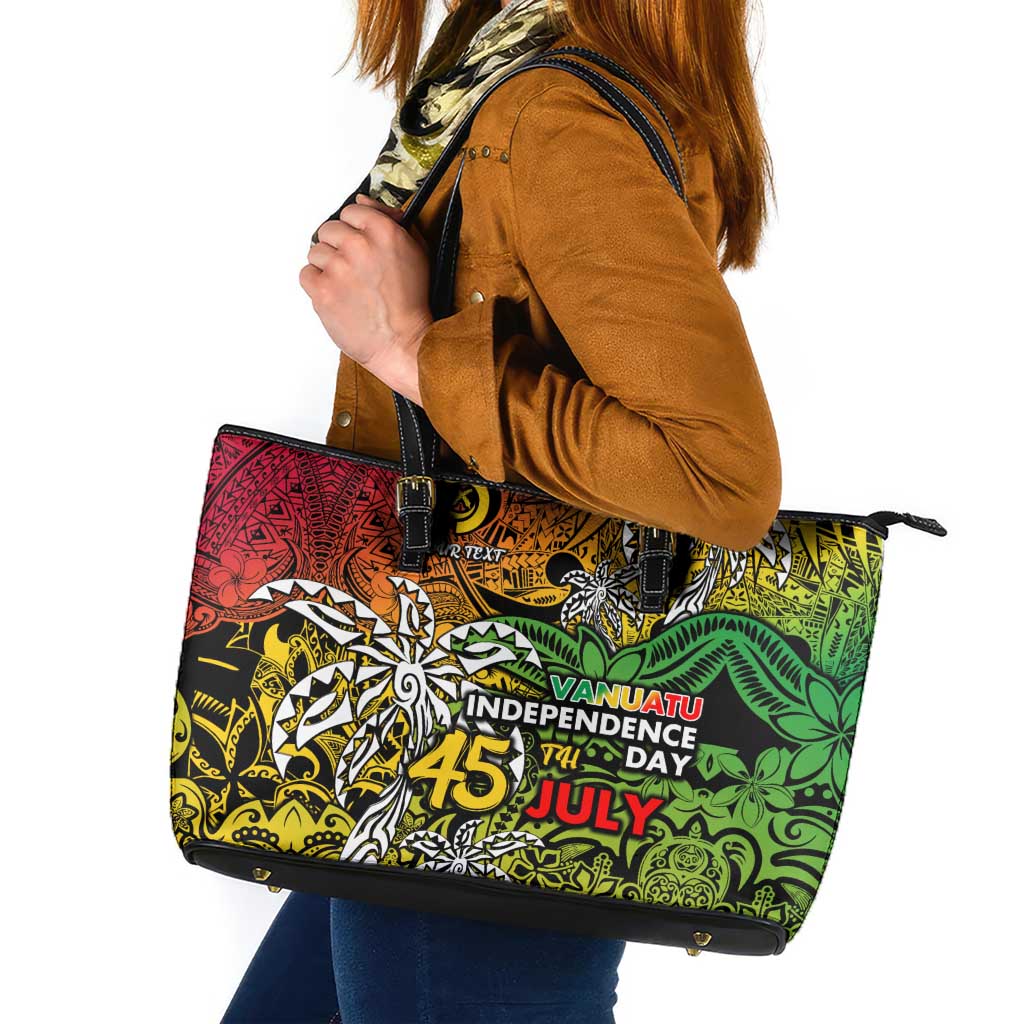 Personalized Vanuatu 45th Independence Anniversary Leather Tote Bag Melanesian Pattern Reggae DT02 Art - Polynesian Pride