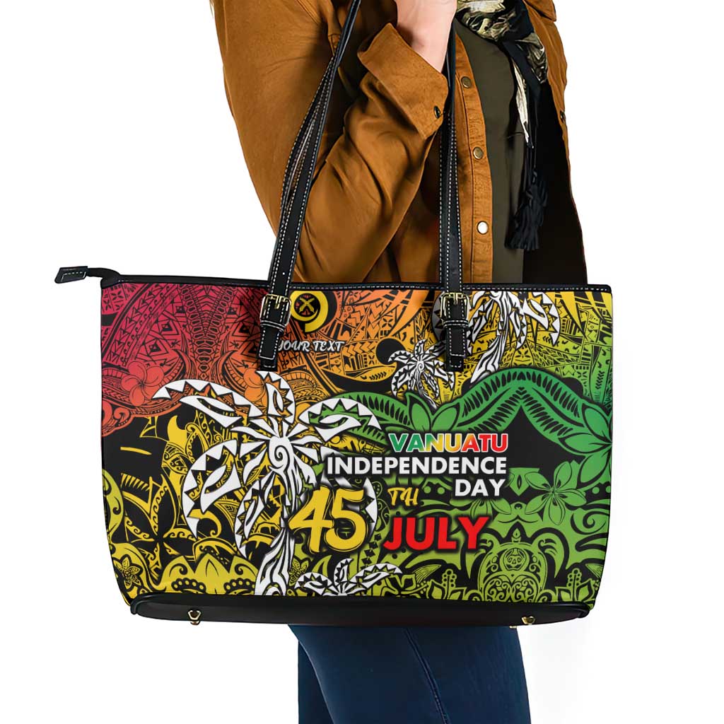 Personalized Vanuatu 45th Independence Anniversary Leather Tote Bag Melanesian Pattern Reggae DT02 - Polynesian Pride