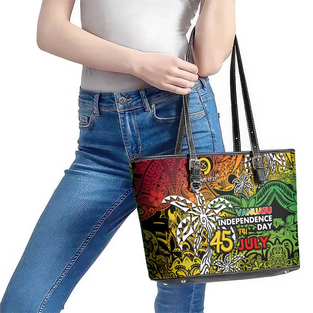 Personalized Vanuatu 45th Independence Anniversary Leather Tote Bag Melanesian Pattern Reggae DT02 - Polynesian Pride