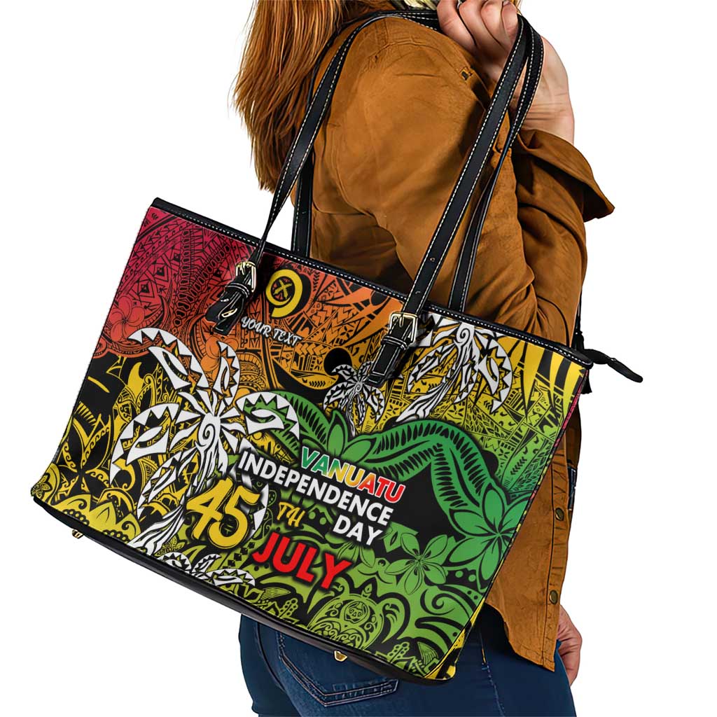 Personalized Vanuatu 45th Independence Anniversary Leather Tote Bag Melanesian Pattern Reggae DT02 - Polynesian Pride