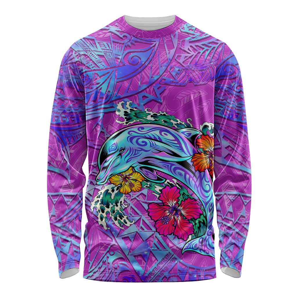 Dolphin Polynesia Long Sleeve Shirt Hibiscus Tropical Wave - Purple Vibes DT02 Unisex Purple - Polynesian Pride