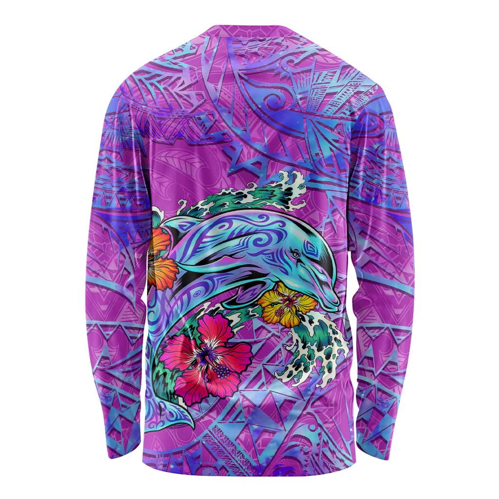 Dolphin Polynesia Long Sleeve Shirt Hibiscus Tropical Wave - Purple Vibes DT02 - Polynesian Pride