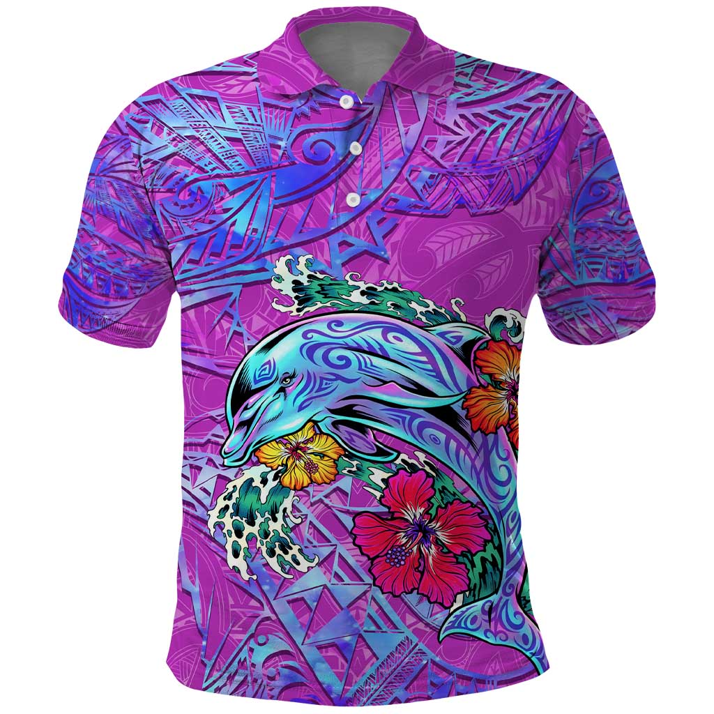 Dolphin Polynesia Polo Shirt Hibiscus Tropical Wave - Purple Vibes DT02 Purple - Polynesian Pride
