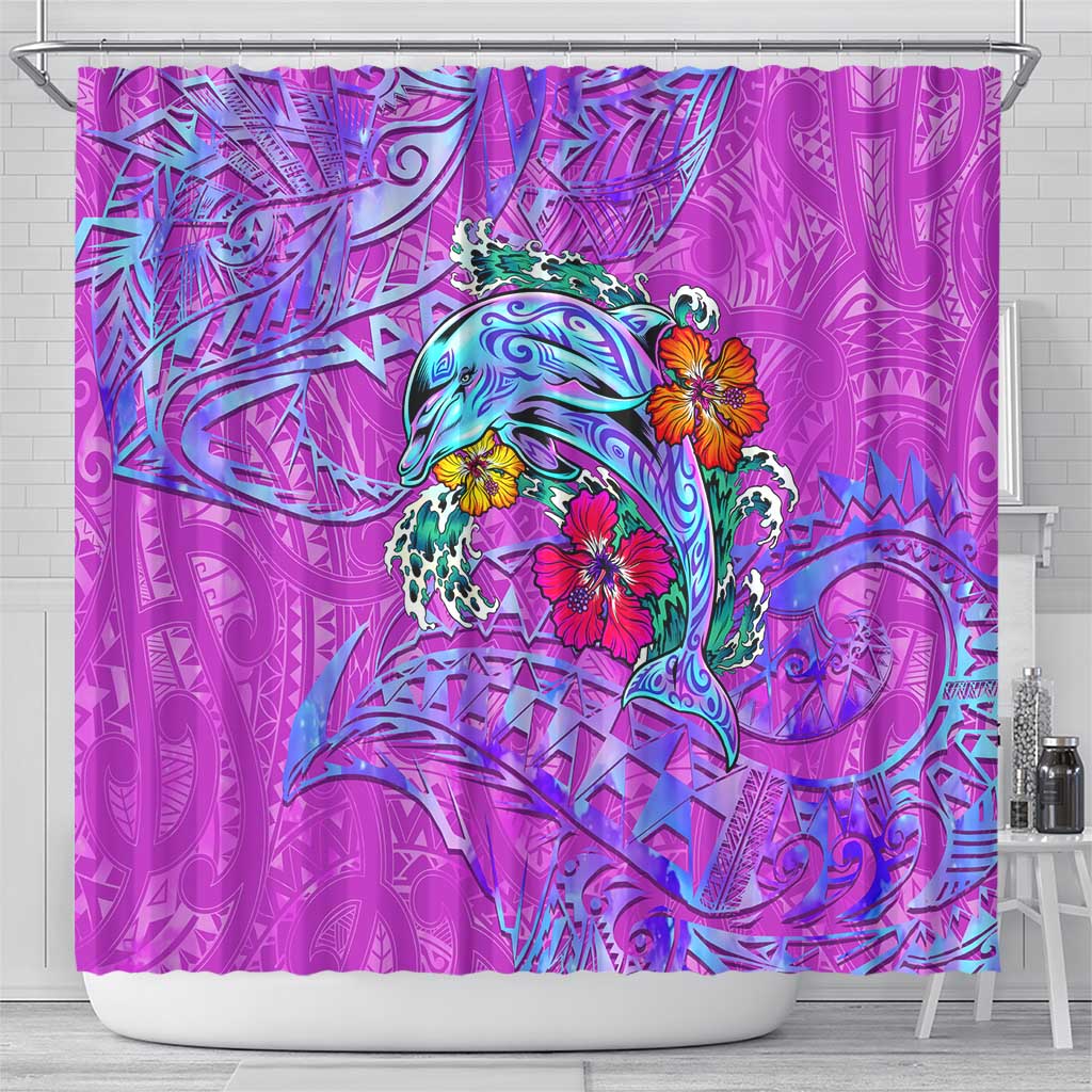 Dolphin Polynesia Shower Curtain Hibiscus Tropical Wave - Purple Vibes DT02 - Polynesian Pride