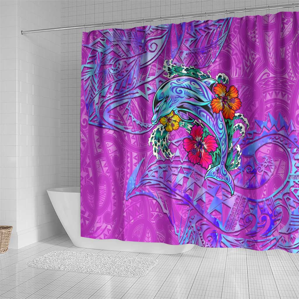 Dolphin Polynesia Shower Curtain Hibiscus Tropical Wave - Purple Vibes DT02 - Polynesian Pride