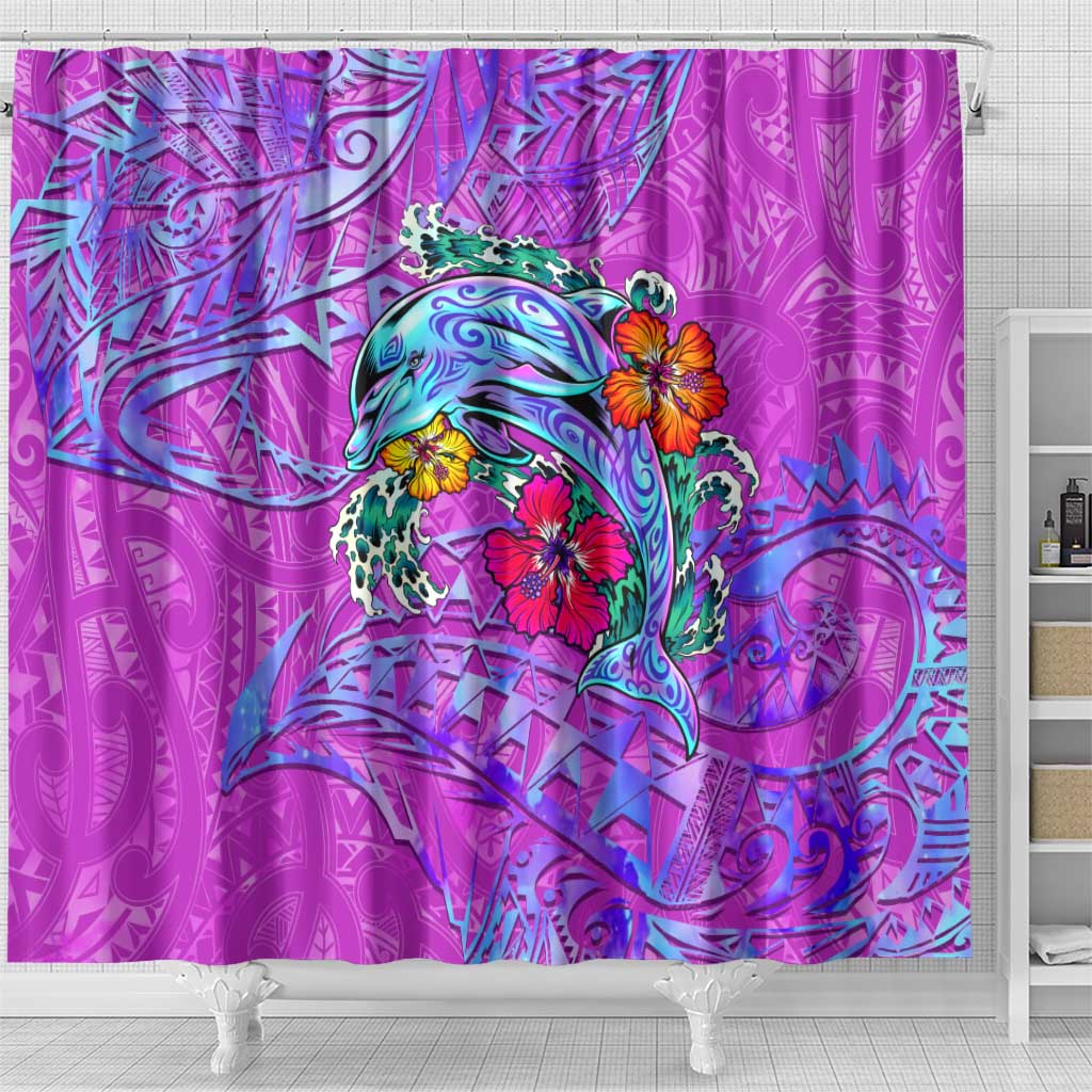 Dolphin Polynesia Shower Curtain Hibiscus Tropical Wave - Purple Vibes DT02 - Polynesian Pride