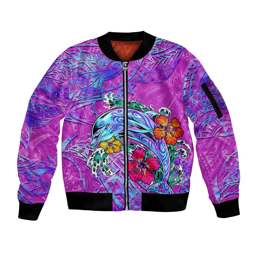 Dolphin Polynesia Sleeve Zip Bomber Jacket Hibiscus Tropical Wave - Purple Vibes DT02 Unisex Purple - Polynesian Pride