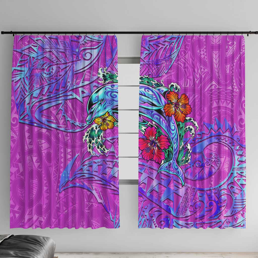 Dolphin Polynesia Window Curtain Hibiscus Tropical Wave - Purple Vibes DT02 With Hooks Purple - Polynesian Pride