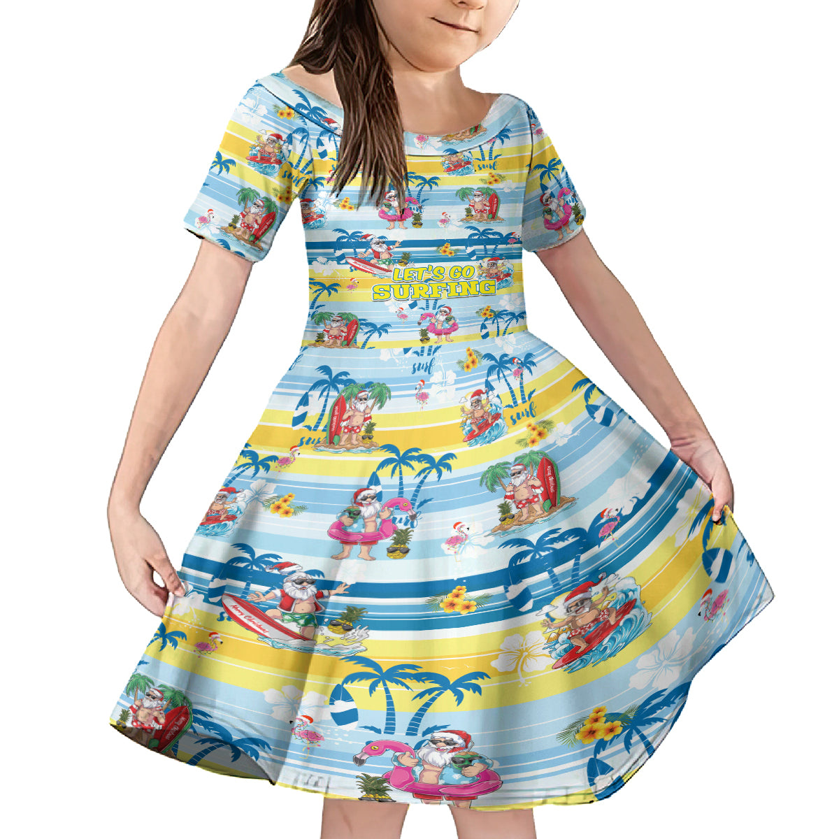 Surfing Christmas Kid Short Sleeve Dress Tropical Santa Let's Go Surfing DT02 KID Art - Polynesian Pride